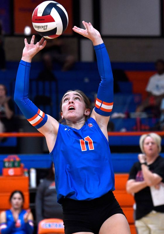 San Angelo Central’s Tori Robertson sets the ball during the Lady Cats’ game against Lubbock-Cooper during Saturday’s Nita Vannoy Memorial Volleyball Tournament in San Angelo Aug. 23, 2025.