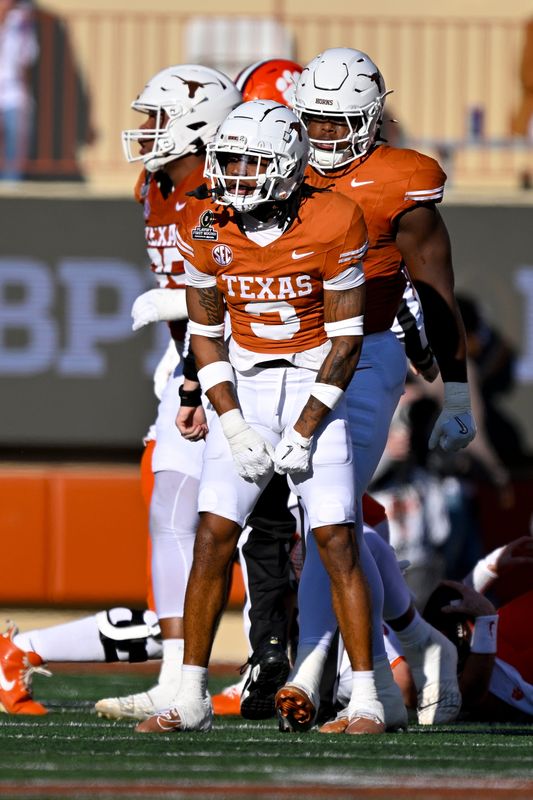 Dec 21, 2024; Austin, Texas, USA; Texas Longhorns defensive back Jaylon Guilbeau (3) in action during the game between the Texas Longhorns and the Clemson Tigers in the CFP National Playoff First Round at Darrell K Royal-Texas Memorial Stadium. Mandatory Credit: Jerome Miron-Imagn Images