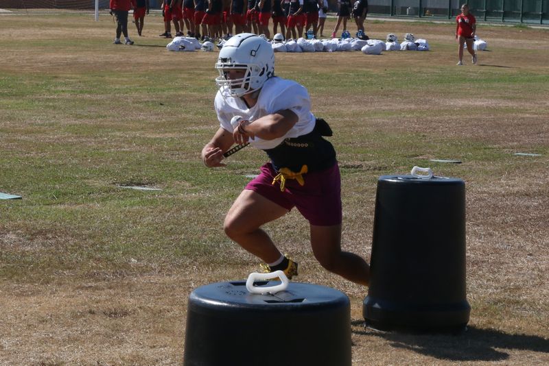 Running back Andrew Charlebois and the Veterans Memorial football team practiced for the upcoming 2025 high school football season at Veterans Memorial High School on Wednesday, Aug. 13, 2025.