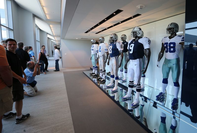 Aug 21, 2016; Frisco, TX, USA; A general view of the Dallas Cowboys uniform evolution display at Dallas Cowboys Headquarters at The Star. Mandatory Credit: Matthew Emmons-USA TODAY Sports