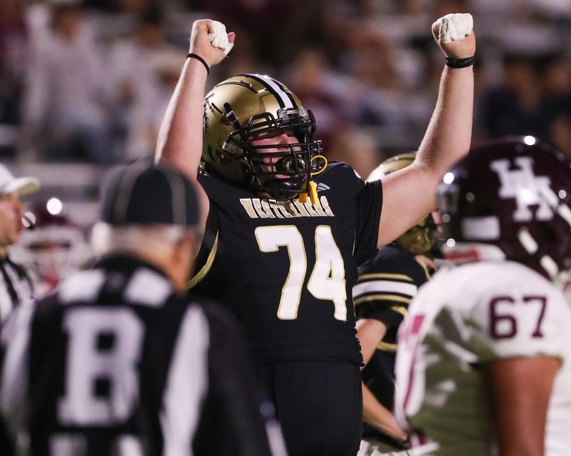 Lubbock High's Kagan Booker celebrates a penalty against Hereford during a non-district football game, Thursday, August 28, 2025, at Lowrey Field.