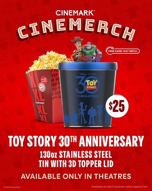 The Toy Story 30th anniversary popcorn tin retails for $25 and are now sold at Cinemark theaters.
