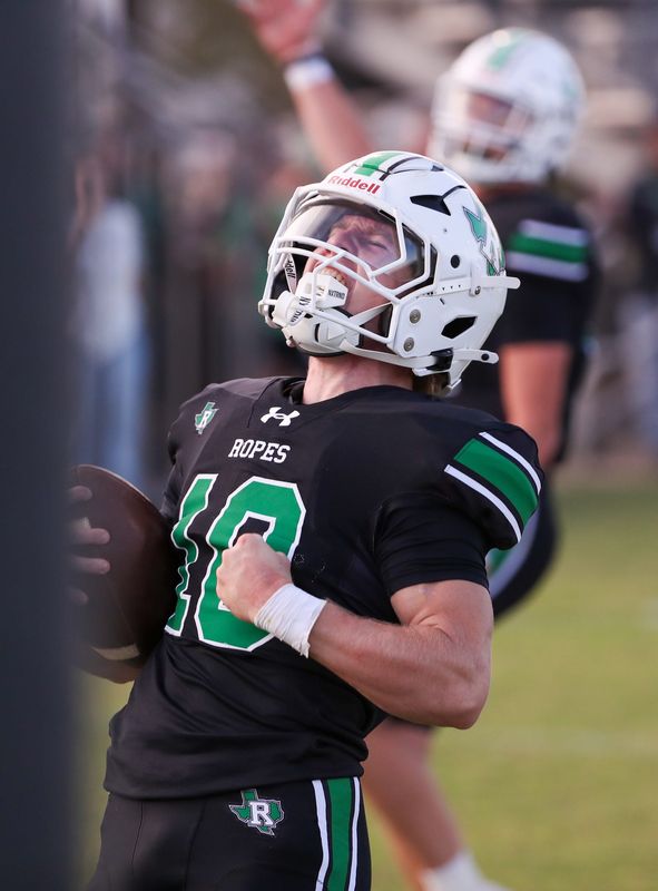 Ropes' Ryland Kieth celebrates his touchdown against Hale Center during a non-district football game, Friday, August 29, 2025, at Eagle Stadium in Ropesville.