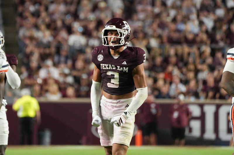 Aug 30, 2025; College Station, Texas, USA; Texas A&M Aggies safety Marcus Ratcliffe (3) celebrates during the second half against the UTSA Roadrunners at Kyle Field. Mandatory Credit: Sean Thomas-Imagn Images