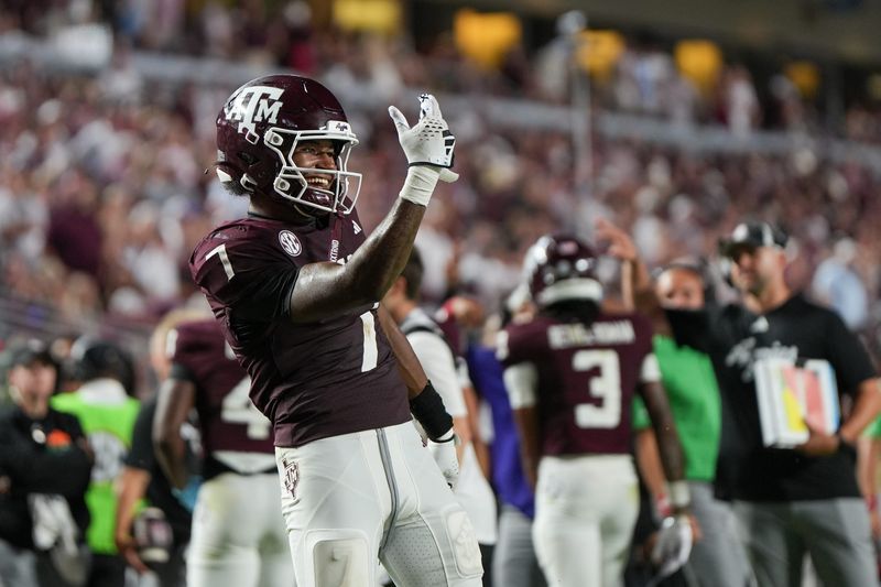Aug 30, 2025; College Station, Texas, USA; Texas A&M Aggies wide receiver KC Concepcion (7) taunts the UTSA Roadrunners bench after an altercation in the second half at Kyle Field. Mandatory Credit: Sean Thomas-Imagn Images