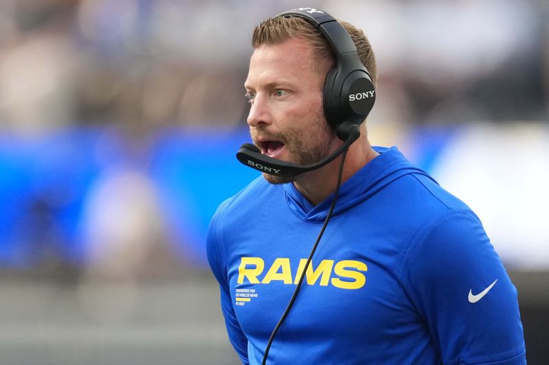 Aug 9, 2025; Inglewood, California, USA; Los Angeles Rams coach Sean McVay reacts against the Dallas Cowboys in the first half at SoFi Stadium. Mandatory Credit: Kirby Lee-Imagn Images