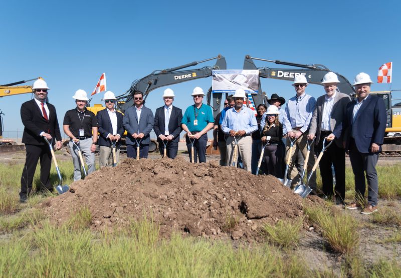 Local leaders and company officials take part in the groundbreaking ceremony on Tuesday, Sept. 2, 2025, for International Aerospace Coatings’ new $27 million widebody aircraft hangar at Rick Husband Amarillo International Airport.