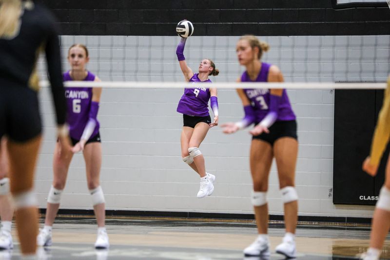 Canyon's Laney Jones serves the ball during the Raider Showcase volleyball tournament hosted by Randall High School Aug. 29-30, 2025.