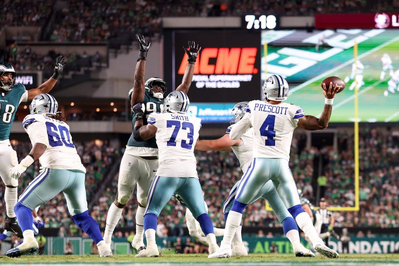Sep 4, 2025; Philadelphia, Pennsylvania, USA; Dallas Cowboys quarterback Dak Prescott (4) passes the ball against the Philadelphia Eagles during the fourth quarter of the game at Lincoln Financial Field. Mandatory Credit: Bill Streicher-Imagn Images