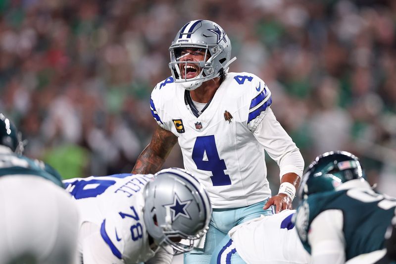 Sep 4, 2025; Philadelphia, Pennsylvania, USA; Dallas Cowboys quarterback Dak Prescott (4) calls a play at the line of scrimmage during the first quarter of the game against the Philadelphia Eagles at Lincoln Financial Field. Mandatory Credit: Bill Streicher-Imagn Images