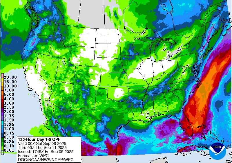 The Weather Prediction Center shows rainfall totals across Texas through Wednesday, Sept. 10.
