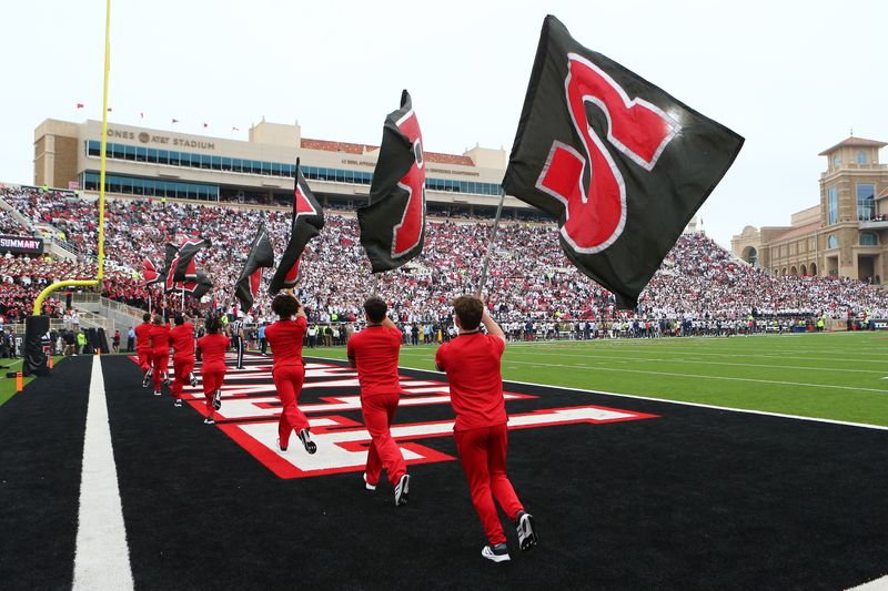 Sep 6, 2025; Lubbock, Texas, USA; The Texas Tech Red Raiders cheerleaders celebrate a touchdown against the Kent State Golden Flashes in the first half at Jones AT&T Stadium. Mandatory Credit: Michael C. Johnson-Imagn Images