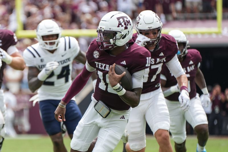 Sep 6, 2025; College Station, Texas, USA; Texas A&M Aggies quarterback Marcel Reed (10) runs with the football during the first quarter against the Utah State Aggies at Kyle Field. Mandatory Credit: Sean Thomas-Imagn Images