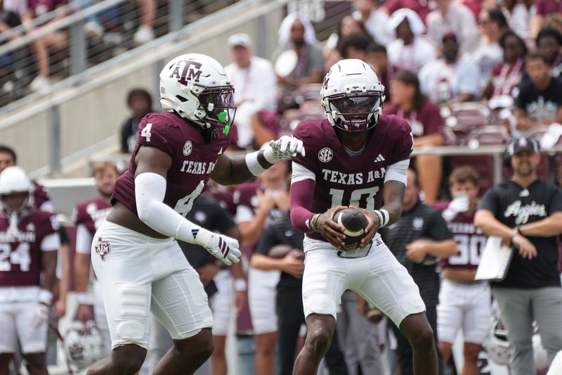 Sep 6, 2025; College Station, Texas, USA; Texas A&M Aggies quarterback Marcel Reed (10) and Texas A&M Aggies running back Rueben Owens II (4) during the first quarter against the Utah State Aggies at Kyle Field. Mandatory Credit: Sean Thomas-Imagn Images