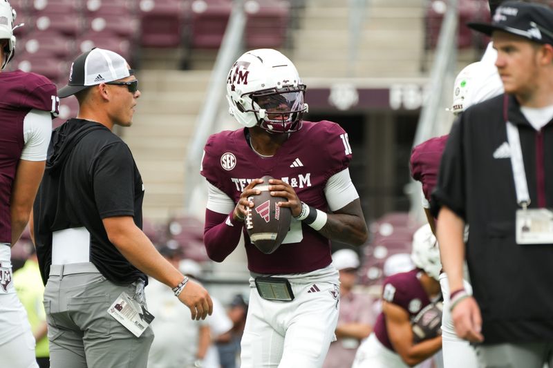 Sep 6, 2025; College Station, Texas, USA; Texas A&M Aggies quarterback Marcel Reed (10) warms up during pregame against the Utah State Aggies at Kyle Field. Mandatory Credit: Sean Thomas-Imagn Images