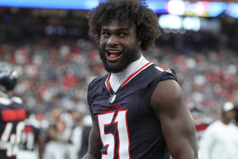 Aug 16, 2025; Houston, Texas, USA; Houston Texans defensive end Will Anderson Jr. (51) on the sideline during the game against the Carolina Panthers at NRG Stadium. Mandatory Credit: Troy Taormina-Imagn Images