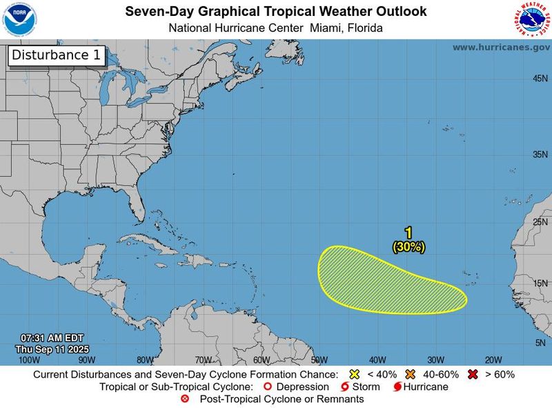A tropical disturbance has a 30% chance of development over the next seven days, as of Thursday, Sept. 11, 2025.