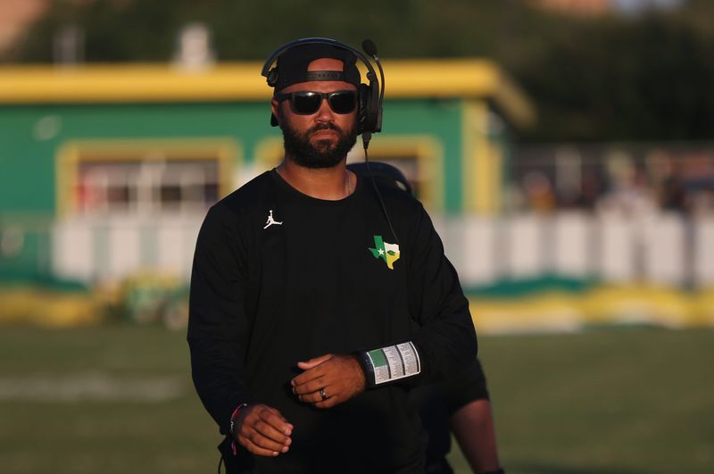 Bishop head coach David McHugh just before kickoff of a non-district football game against Rockport-Fulton at George Luna Stadium on Friday, Sept. 12, 2025.