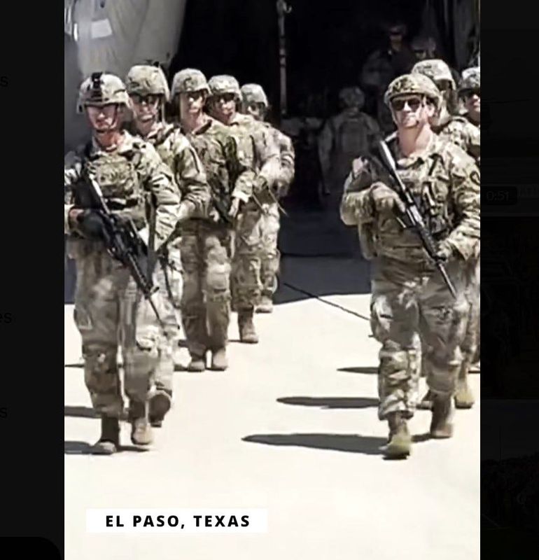 Texas National Guard soldiers exit a Texas Air National Guard transport plane after arriving in El Paso for a border security mission in this image of a Texas Military Department video posted on X on Sunday, Sept. 14, 2025.