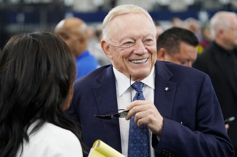Sep 14, 2025; Arlington, Texas, USA; Dallas Cowboys owner Jerry Jones on the sidelines before the game against the New York Giants at AT&T Stadium. Mandatory Credit: Raymond Carlin III-Imagn Images