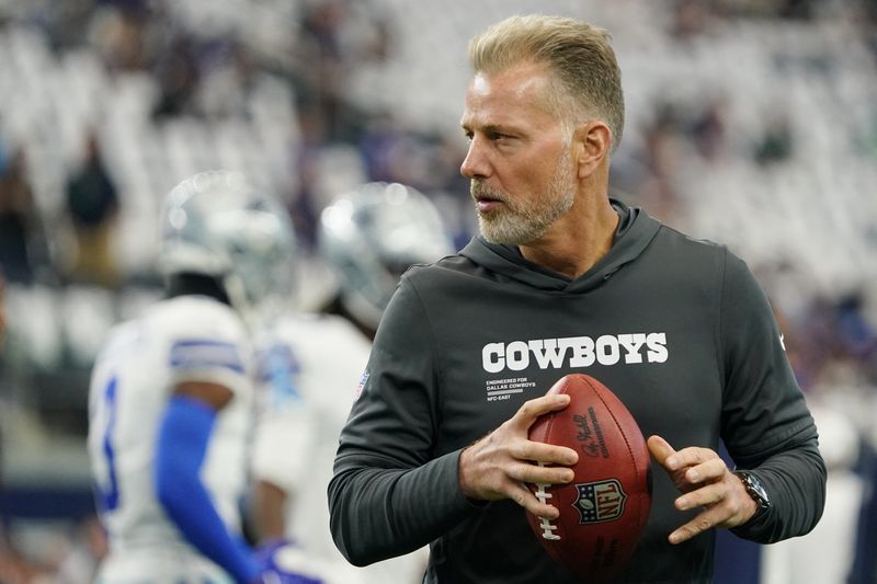 Sep 14, 2025; Arlington, Texas, USA; Dallas Cowboys defensive coordinator Matt Eberflus looks on during warmups before the game against the New York Giants at AT&T Stadium. Mandatory Credit: Raymond Carlin III-Imagn Images