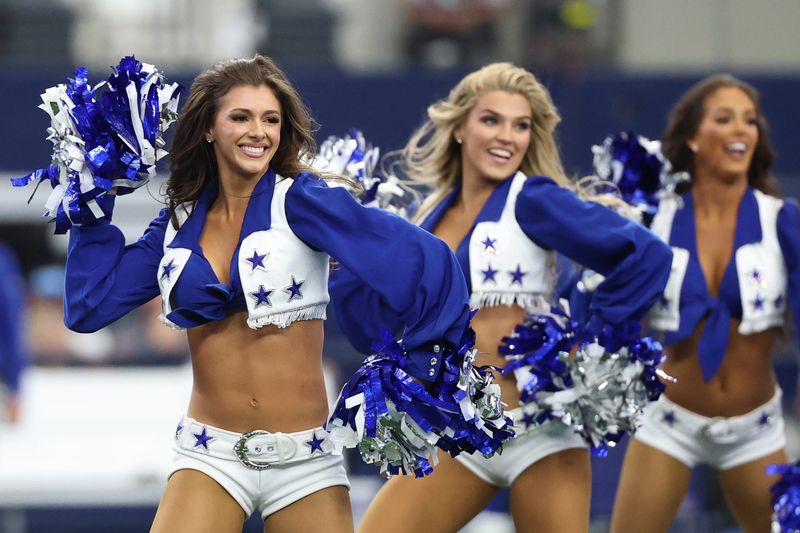 Sep 14, 2025; Arlington, Texas, USA; The Dallas Cowboys cheerleaders perform before the game against the New York Giants at AT&T Stadium. Mandatory Credit: Kevin Jairaj-Imagn Images