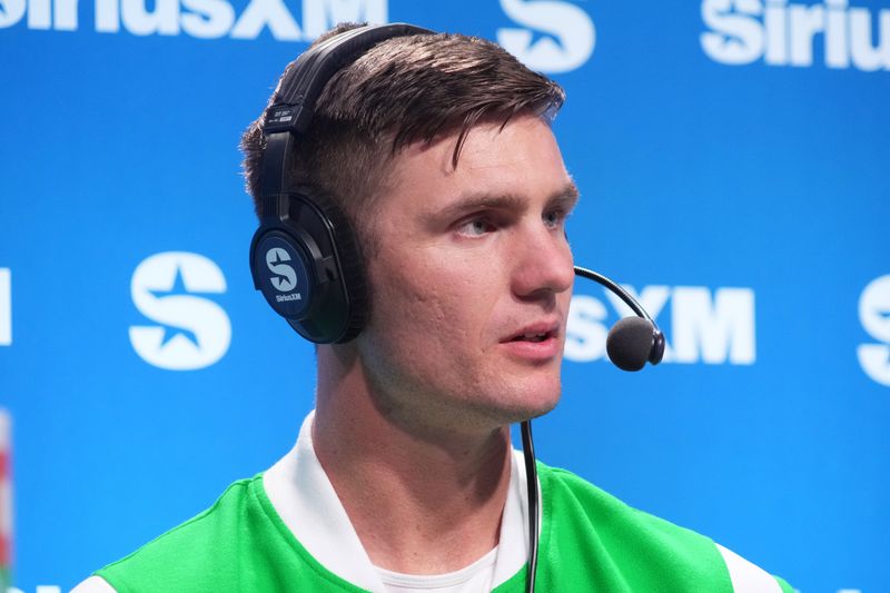 Feb 4, 2025; New Orleans, LA, USA; Dallas Cowboys kicker Brandon Aubrey on the SiriusXM Movin' the Chains show on radio row at the Super Bowl LIX media center at the Ernest N. Morial Convention Center. Mandatory Credit: Kirby Lee-Imagn Images