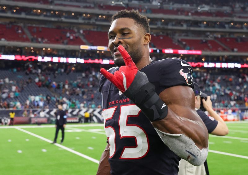 Dec 15, 2024; Houston, Texas, USA; Houston Texans defensive end Danielle Hunter (55) reacts after a game against the Miami Dolphins at NRG Stadium. Mandatory Credit: Thomas Shea-Imagn Images