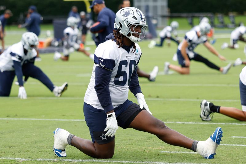 Jun 10, 2025; Arlington, TX, USA; Dallas Cowboys offensive tackle Tyler Guyton (60) goes through a drill during practice at the Ford Center at the Star Training Facility in Frisco, Texas. Mandatory Credit: Chris Jones-Imagn Images