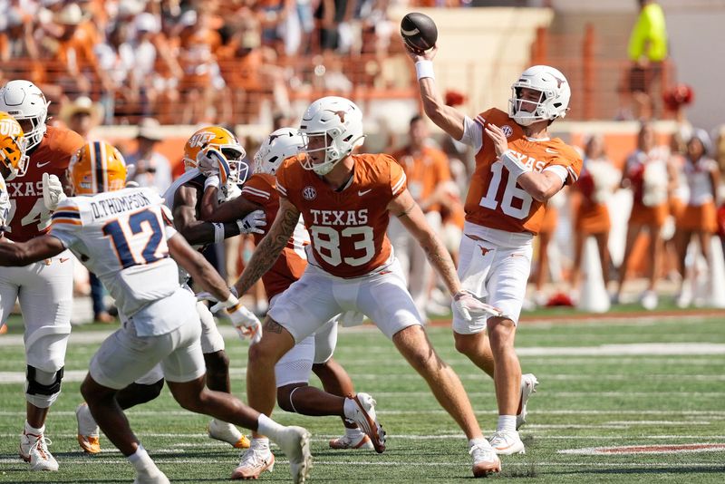 Sep 13, 2025; Austin, Texas, USA; Texas Longhorns quarterback Arch Manning (16) passes the ball during the first half against the Texas El Paso Miners at Darrell K Royal-Texas Memorial Stadium. Mandatory Credit: Scott Wachter-Imagn Images