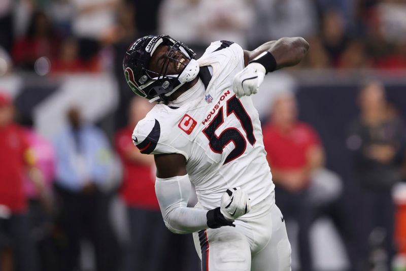 Sep 15, 2025; Houston, Texas, USA; Houston Texans defensive end Will Anderson Jr. (51) celebrates after a defensive play during the fourth quarter against the Tampa Bay Buccaneers at NRG Stadium. Mandatory Credit: Troy Taormina-Imagn Images