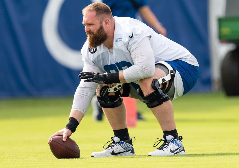 Indianapolis Colts center Wesley French (62) works on snaps Friday, July 25, 2025, ahead of training camp held at Grand Park in Westfield.