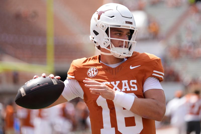 Sep 13, 2025; Austin, Texas, USA; Texas Longhorns quarterback Arch Manning (16) warms up before a game against the Texas El Paso Miners at Darrell K Royal-Texas Memorial Stadium. Mandatory Credit: Scott Wachter-Imagn Images