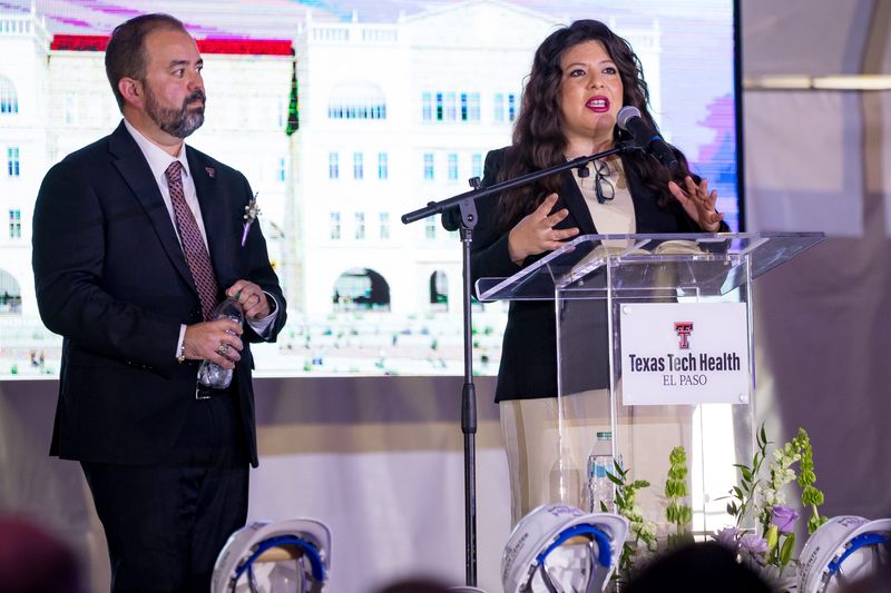 El Paso state Reps. Mary Gonzalez, D-El Paso, and Joe Moody, D-El Paso, speak during the groundbreaking ceremony Wednesday, Sept. 17, 2025, at the Texas Tech Health El Paso campus for the Fox Cancer Center, the region’s first comprehensive cancer facility.