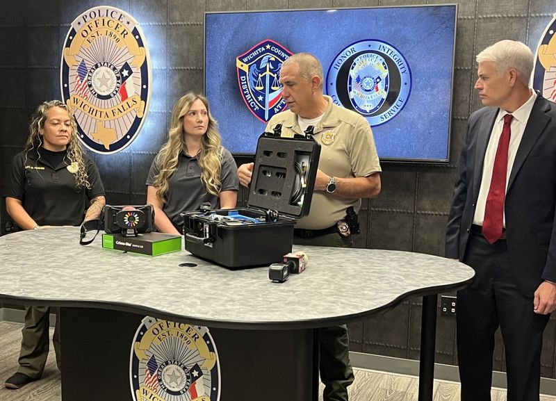 Local law enforcement officials unveiled new crime scene technology Thursday. Those introducing the new equipment included, left to right, Wichita Falls police Sgt. Marissa Hughes, crime scene investigation technician Ashlyn Brunson, Lt. Brian Sheehan and Wichita County District Attorney John Gillespie.
