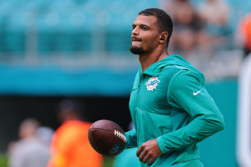 Aug 23, 2025; Miami Gardens, Florida, USA; Miami Dolphins safety Minkah Fitzpatrick (29) looks on before the game against the Jacksonville Jaguars at Hard Rock Stadium. Mandatory Credit: Sam Navarro-Imagn Images