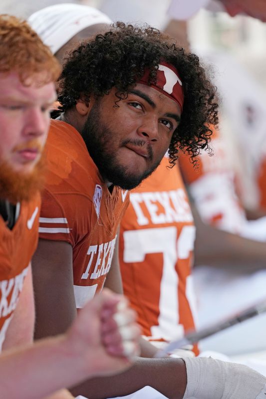 Sep 13, 2025; Austin, Texas, USA; Texas Longhorns offensive lineman Trevor Goosby (74) rests during a game against the Texas El Paso Miners at Darrell K Royal-Texas Memorial Stadium. Mandatory Credit: Scott Wachter-Imagn Images