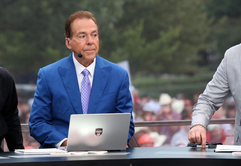 Former Alabama coach Nick Saban is on stage at ESPN College GameDay ahead of the University of Oklahoma-Michigan College football game on Sep 6, 2025 in Norman.