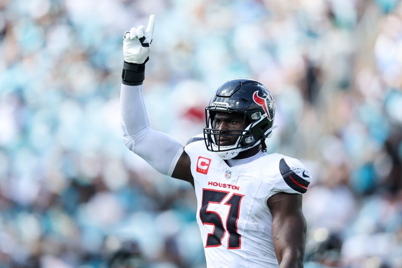 Sep 21, 2025; Jacksonville, Florida, USA; Houston Texans defensive end Will Anderson Jr. (51) celebrates after a sack during the second quarter against the Jacksonville Jaguars at EverBank Stadium. Mandatory Credit: Morgan Tencza-Imagn Images