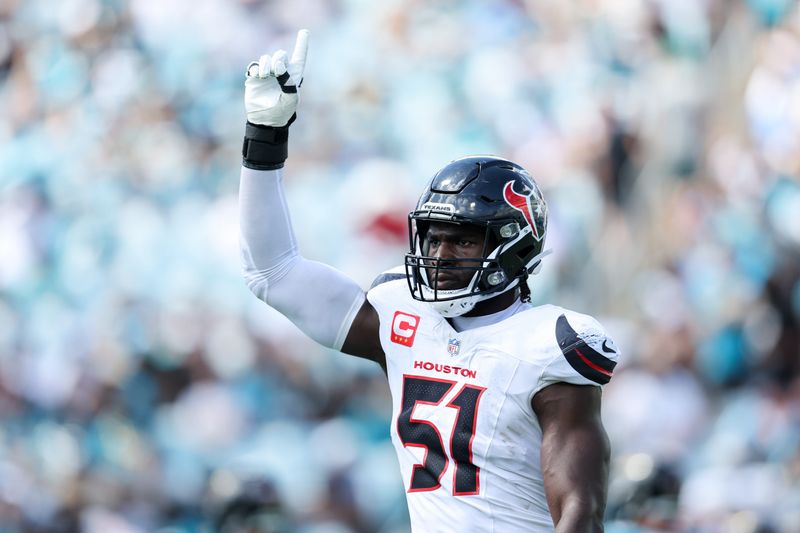 Sep 21, 2025; Jacksonville, Florida, USA; Houston Texans defensive end Will Anderson Jr. (51) celebrates after a sack during the second quarter against the Jacksonville Jaguars at EverBank Stadium. Mandatory Credit: Morgan Tencza-Imagn Images