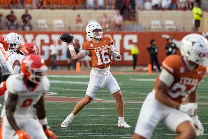 Sep 20, 2025; Austin, Texas, USA; Texas Longhorns quarterback Arch Manning (16) throws a pass during the first half against the Sam Houston Bearkats at Darrell K Royal-Texas Memorial Stadium. Mandatory Credit: Scott Wachter-Imagn Images