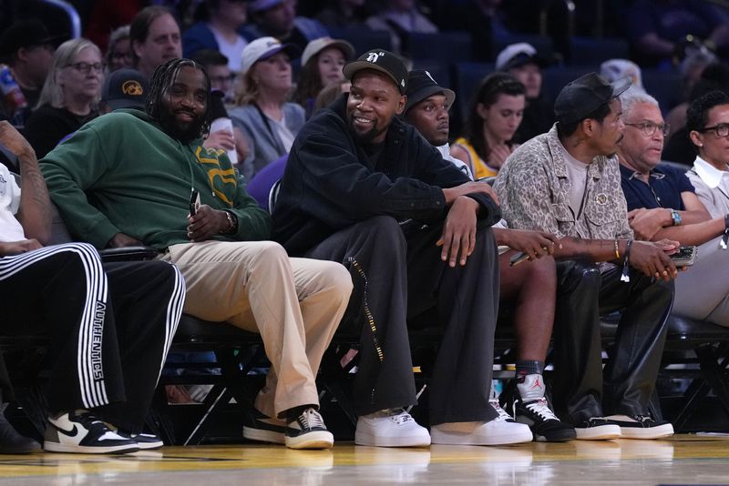 May 23, 2025; Los Angeles, California, USA; Kevin Durant attends the game between the Golden State Valkyries and the LA Sparks at Crypto.com Arena. Mandatory Credit: Kirby Lee-Imagn Images