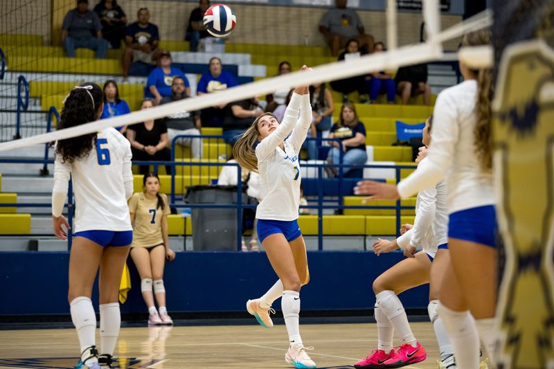 Eastwood’s Bebé Sanchez (7) hits the ball during a volleyball match against Coronado Tuesday, Sept. 23, 2025, at Coronado High in El Paso.