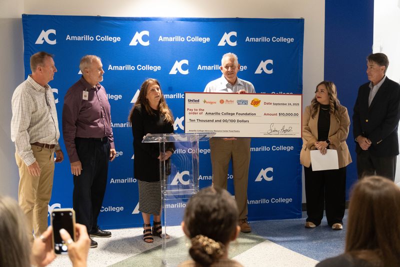 Representatives from United Supermarkets, Kellanova and Amarillo College gather Sept. 24 to present a $10,000 donation check to the Amarillo College Foundation to support the college’s on-campus food pantry.