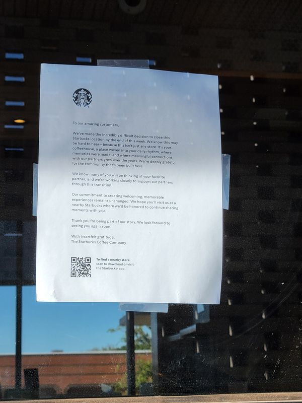 A sign informs customers the Starbucks at 6005 Slide Road will close, as seen on Friday, Sept. 26, 2025 in Lubbock, Texas.