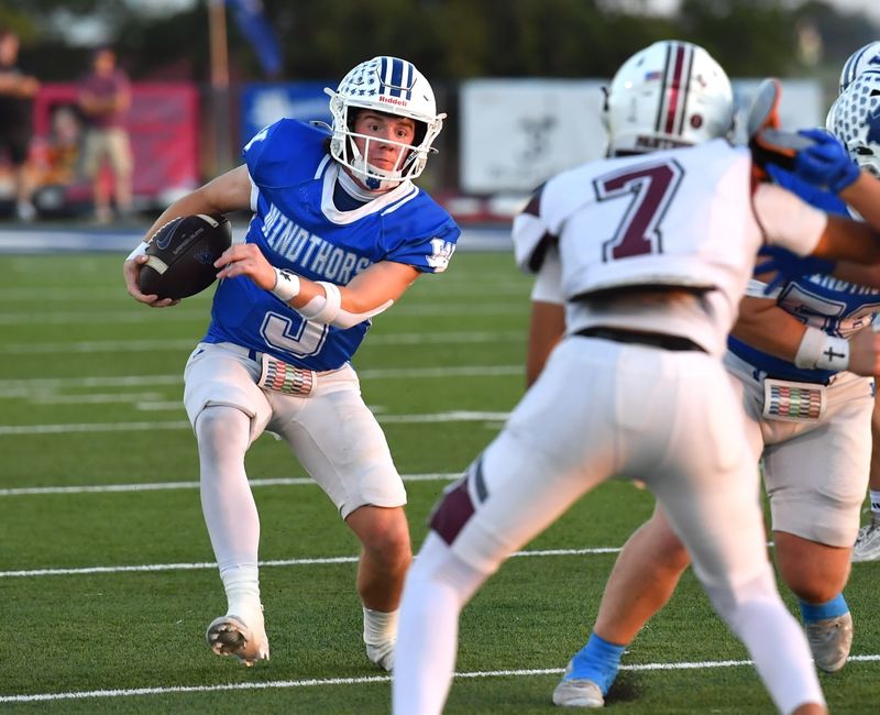 Windthorst's Brock Belcher runs the ball during a game against Seymour on Friday, Sep. 26, 2025 at Windthorst.