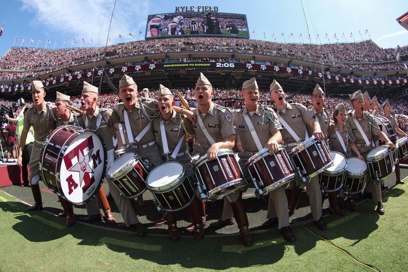 Sep 27, 2025; College Station, Texas, USA; Texas A&M Aggies corps of cadet members cheer before the game against the Auburn Tigers at Kyle Field. Mandatory Credit: Troy Taormina-Imagn Images