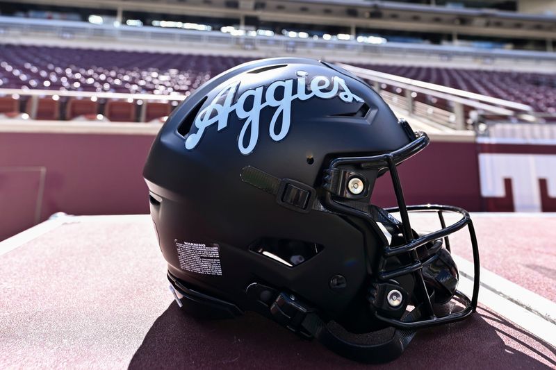 Oct 4, 2025; College Station, Texas, USA; A detail view of a Texas A&M Aggies helmet on the sideline prior to the game against the Mississippi State Bulldogs at Kyle Field. Mandatory Credit: Maria Lysaker-Imagn Images