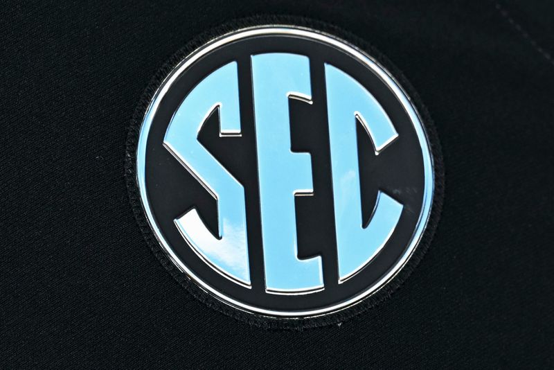Oct 4, 2025; College Station, Texas, USA; A detail view of a SEC patch on a Texas A&M Aggies jersey prior to the game against the Mississippi State Bulldogs at Kyle Field. Mandatory Credit: Maria Lysaker-Imagn Images