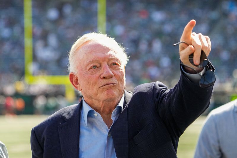 Oct 5, 2025; East Rutherford, New Jersey, USA; Dallas Cowboys Owner, President and general manager Jerry Jones stands on the field prior to a game against the New York Jets at MetLife Stadium. Mandatory Credit: Robert Deutsch-Imagn Images